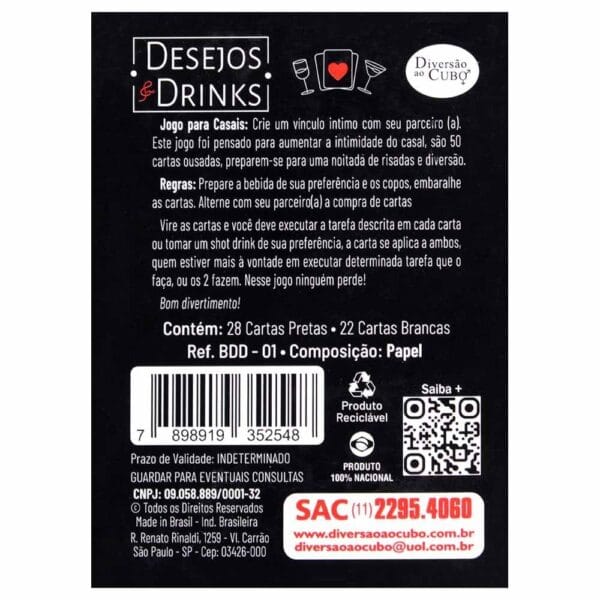 Jogo Desejos e Drinks para Casais com cartas e proposta de interação divertida a dois
