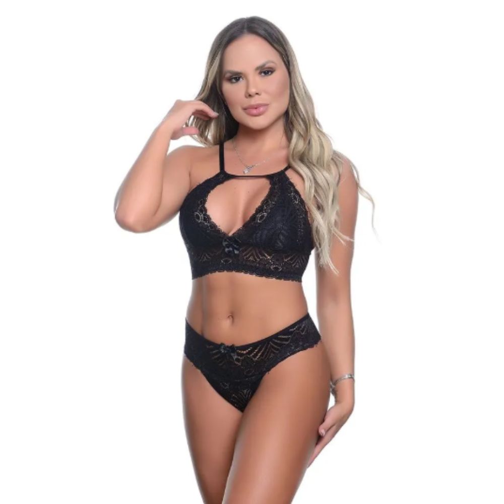 Conjunto Rendado com Calcinha Cós Largo preto
