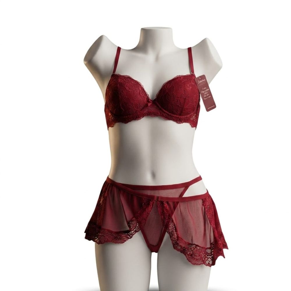 Conjunto Sedução Pura lingerie em renda com bojo e sainha vermelho