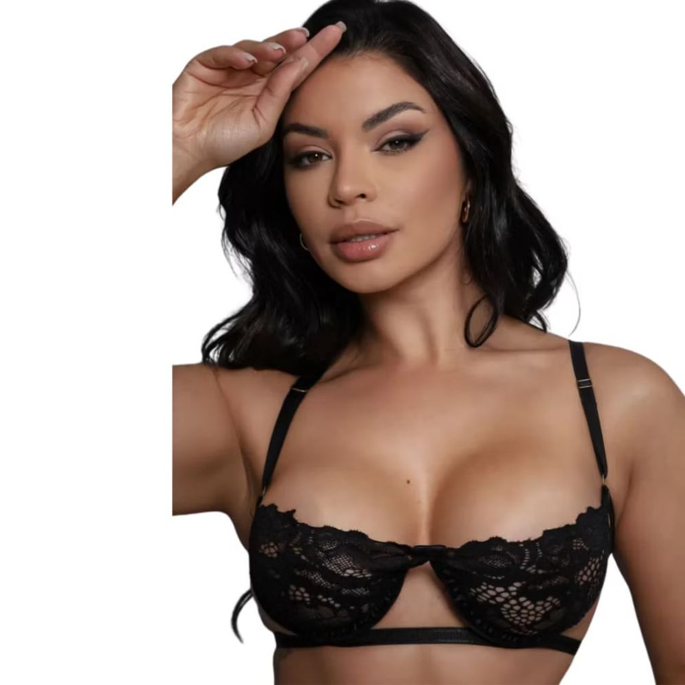 Conjunto Lingerie Sexy em Renda com Sutiã Meia Taça